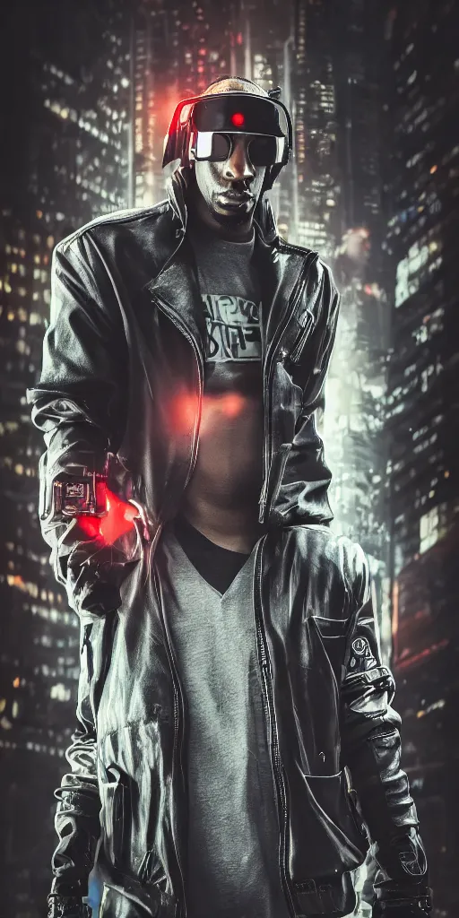 Image similar to hero angle of cyberpunk Ludacris, highly detailed, sharp focus, cyberpunk style, cyborg, futuristic, 8k, 35mm, cinematic lighting