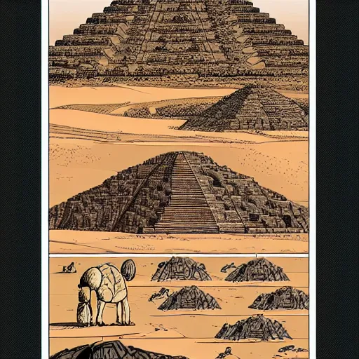 Prompt: gigantic colossal tortoise in the desert below pyramid ziggurat highly detailed concept art schematic, Laurie Greasley