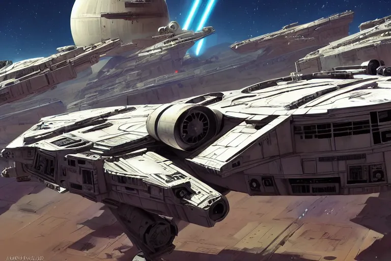 Image similar to parked star wars millenium falcon, art gta 5 cover, official fanart behance hd artstation by jesper ejsing, by rhads, makoto shinkai and lois van baarle, ilya kuvshinov, ossdraws, borderlands, by feng zhu and loish and laurie greasley, victo ngai, andreas rocha, john harris