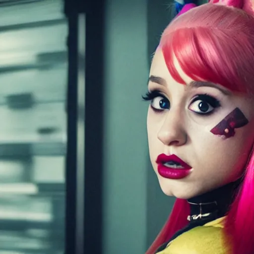 Prompt: Ariana Grande as real-life Harley Quinn, cinematic, Wide-shot, atmospheric lighting, directed by Ti West, extreme detail, 8K, movie still