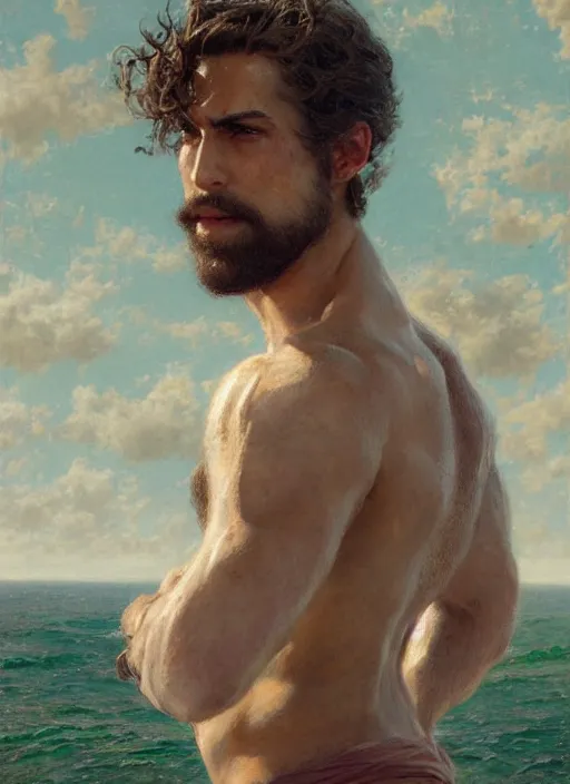 Prompt: detailed cinematic wide shot of muscular attractive young spanish man beard slim face symettrical face clean skin green eyes white hair wearing sea clothes, ultra realistic, spring light, painting by gaston bussiere, craig mullins, j. c. leyendecker