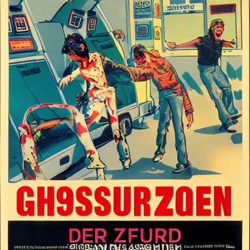 Prompt: A 1980s poster of a gas station being overrun with zombies