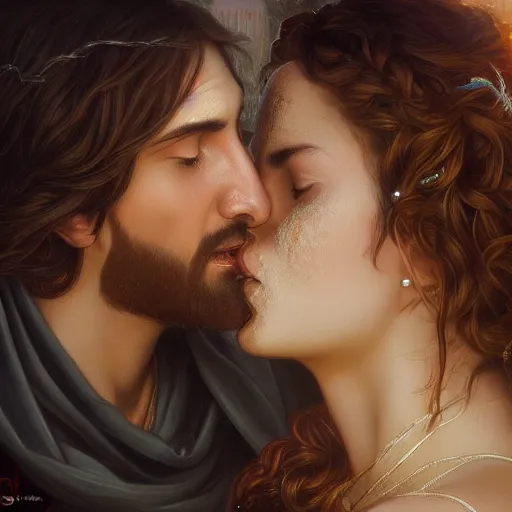 Image similar to jesus kissing a sensual woman in jerusalem, elegant, highly detailed, digital painting, artstation, concept art, matte, sharp focus, highly detailed, 4 k, hdr, smooth, sharp focus, high resolution, award - winning photo, photorealistic, art by artgerm and greg rutkowski and alphonse mucha, large shot