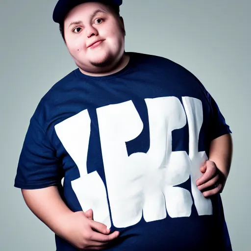 Prompt: obese young man with a t-shirt and cap with the letter P