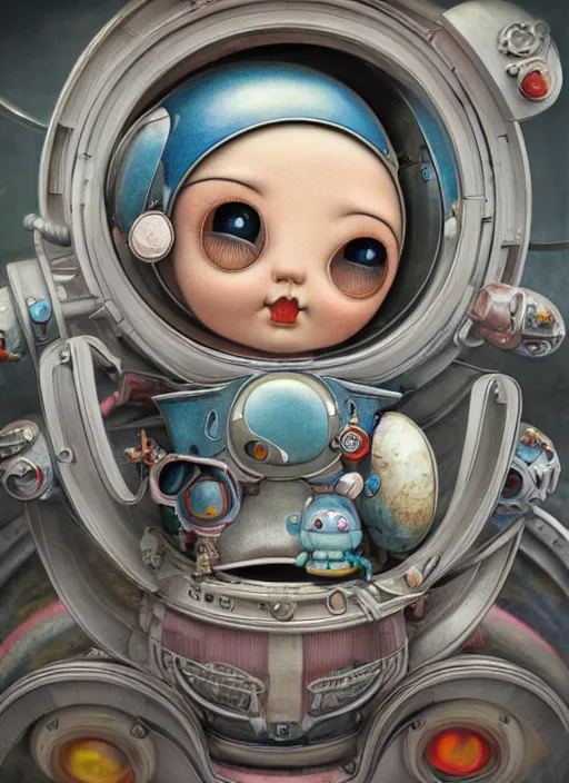 Image similar to highly detailed closeup portrait of a cute tin toy retro saucer spaceship, nicoletta ceccoli, mark ryden, lostfish, earl nore, hyung tae, frank frazetta, global illumination, god rays, detailed and intricate environment