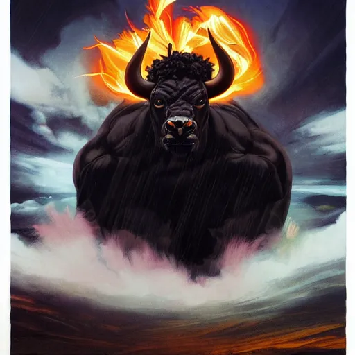 Image similar to Joshua Middleton comic art, A large black bison with fiery eyes, Bison God, thick black smoke, stormy skies, midnight, indigo, Ancient, a scene from the TV show, American Gods