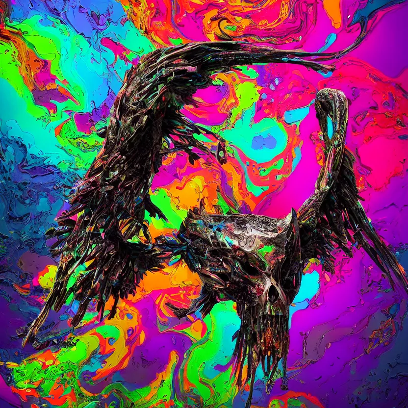 Image similar to colorful melting raven skull. ferrofluids, intricate abstract. intricate artwork. by Tooth Wu, wlop, beeple, dan mumford. octane render, trending on artstation, greg rutkowski very coherent symmetrical artwork. cinematic, hyper realism, high detail, octane render, 8k, depth of field, bokeh. iridescent accents