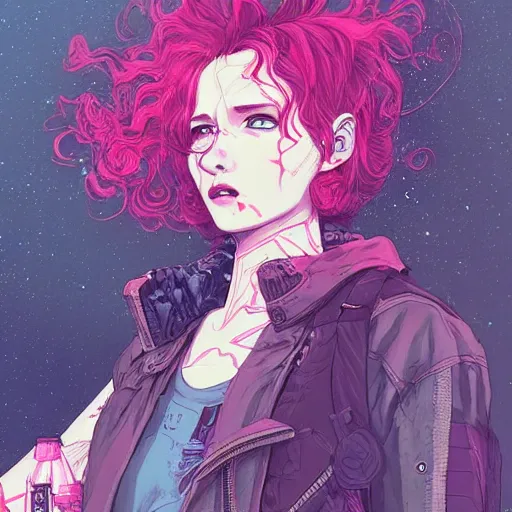 Prompt: wielding pose, portrait of a grungy cyberpunk anime, very cute, by super ss, cyberpunk fashion, curly pink hair, night sky by wlop, james jean, victo ngai, muted colors, highly detailed