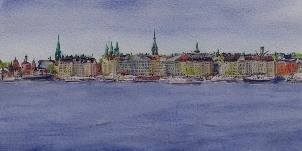 Image similar to Stockholm seen from the sea, realistic watercolour