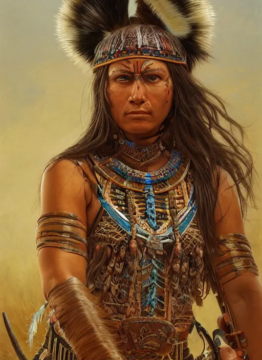 Image similar to portrait of a comanche warrior woman, intricate, highly detailed, centered, digital painting, artstation, concept art, smooth, sharp focus, illustration, artgerm, donato giancola, Joseph Christian Leyendecker, Les Edwards, Ed Repka, WLOP, Artgerm