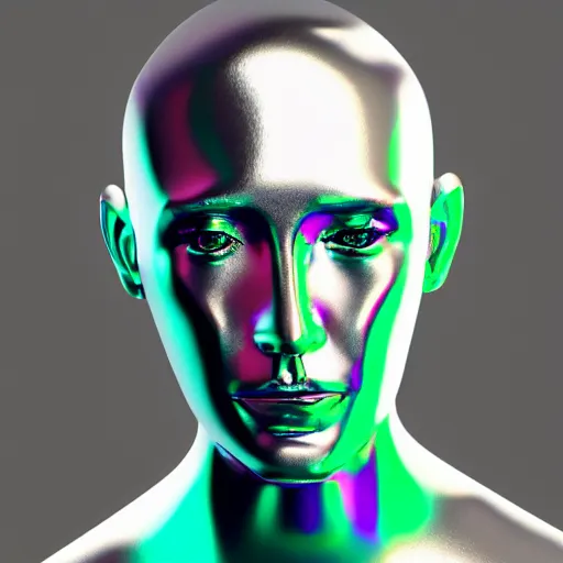 Image similar to 3d render of holographic human robotic head made of glossy iridescent, surrealistic 3d illustration of a human face non-binary, non binary model, 3d model human, cryengine, made of holographic texture, holographic material, holographic rainbow, concept of cyborg and artificial intelligence