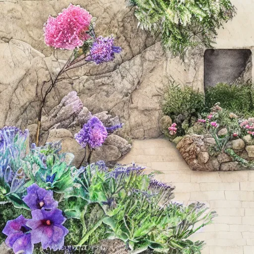 Image similar to delicate coastline mountain garden on paper, stony, puffy, botanical herbarium, botanic watercolors, iridescent, 8 k wide angle, realistic shaded, fine details, artstation, italian, rainbow, colonnade, oak tree, pomegranade, vines, gardena architecture, pompeian, sicilian