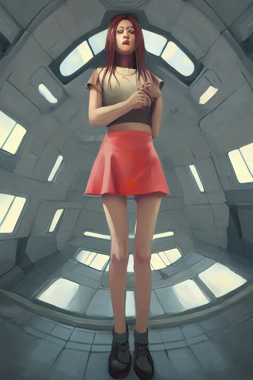 Image similar to digital art of a beautiful girl wearing a mini skirt in a brutalist spaceship, expressive oil painting, by wlop, by artgerm, by dan mumford, anime style, octane render, full body shot