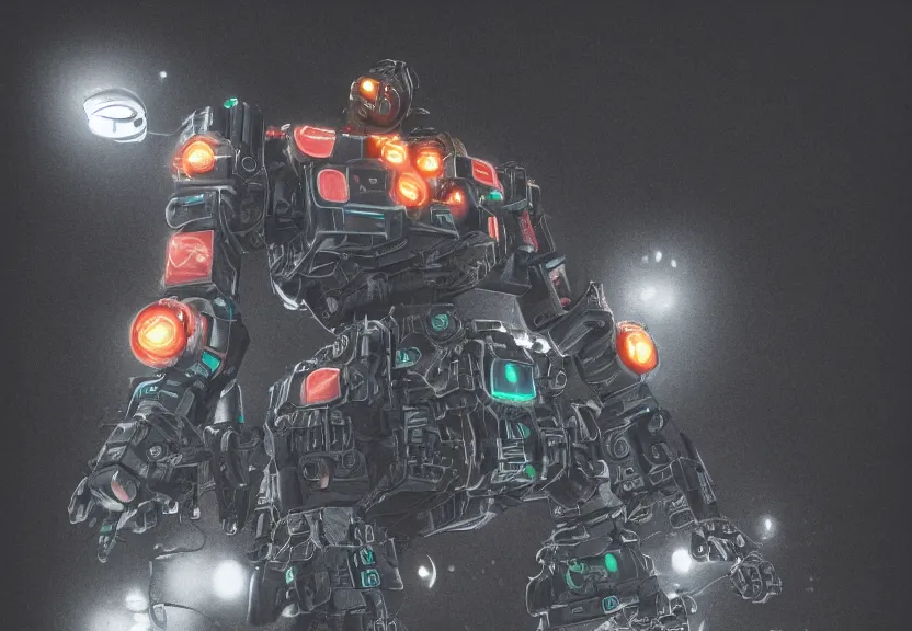 Image similar to a ultra realistic hyper realistic underexposed film photograph of an intricate neon mech warrior