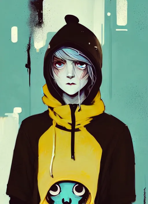 Prompt: highly detailed portrait of a sewerpunk student, blue eyes, hoody, beanie hat, white hair by atey ghailan, by greg rutkowski, by greg tocchini, by james gilleard, by joe fenton, by kaethe butcher, gradient yellow, black, brown and cyan color scheme, grunge aesthetic!!! ( ( graffiti tag wall background ) )