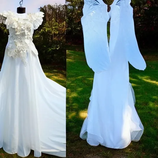 Prompt: A long white wedding dress decorated with blue butterfly wings