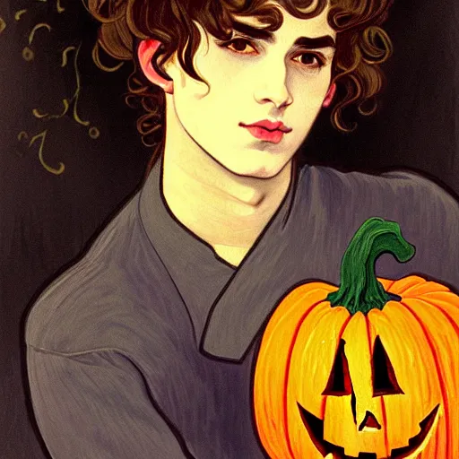 Image similar to painting of young cute handsome beautiful dark medium wavy hair man in his 2 0 s named shadow taehyung at the halloween pumpkin jack o'lantern party, melancholy, autumn colors, japan, elegant, clear, painting, stylized, delicate, soft facial features, delicate facial features, soft art, art by alphonse mucha, vincent van gogh, egon schiele