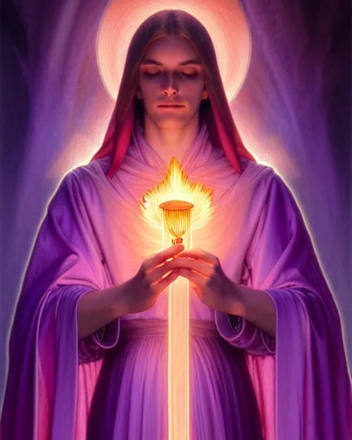 Image similar to violet fire, portrait of saint germain holding a violet colored flame, purple fire, intricate, elegant, highly detailed, digital painting, artstation, concept art, smooth, sharp focus, illustration, art by artgerm and greg rutkowski and fra angelico and alphons mucha