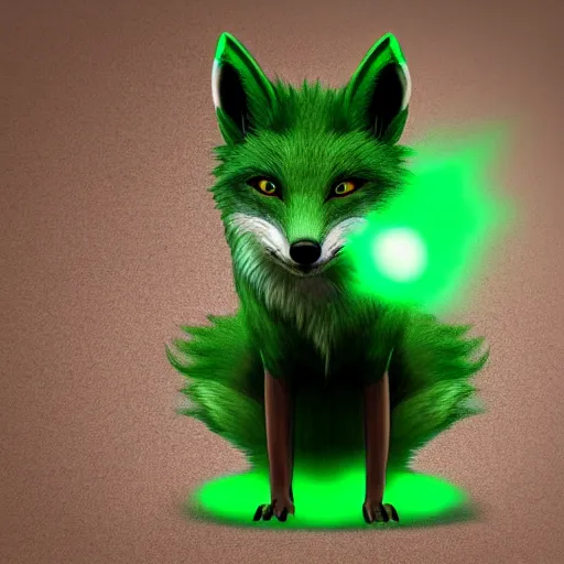 Image similar to photorealistic green fox with green fur and glowing magenta eyes, wearing a black hoodie