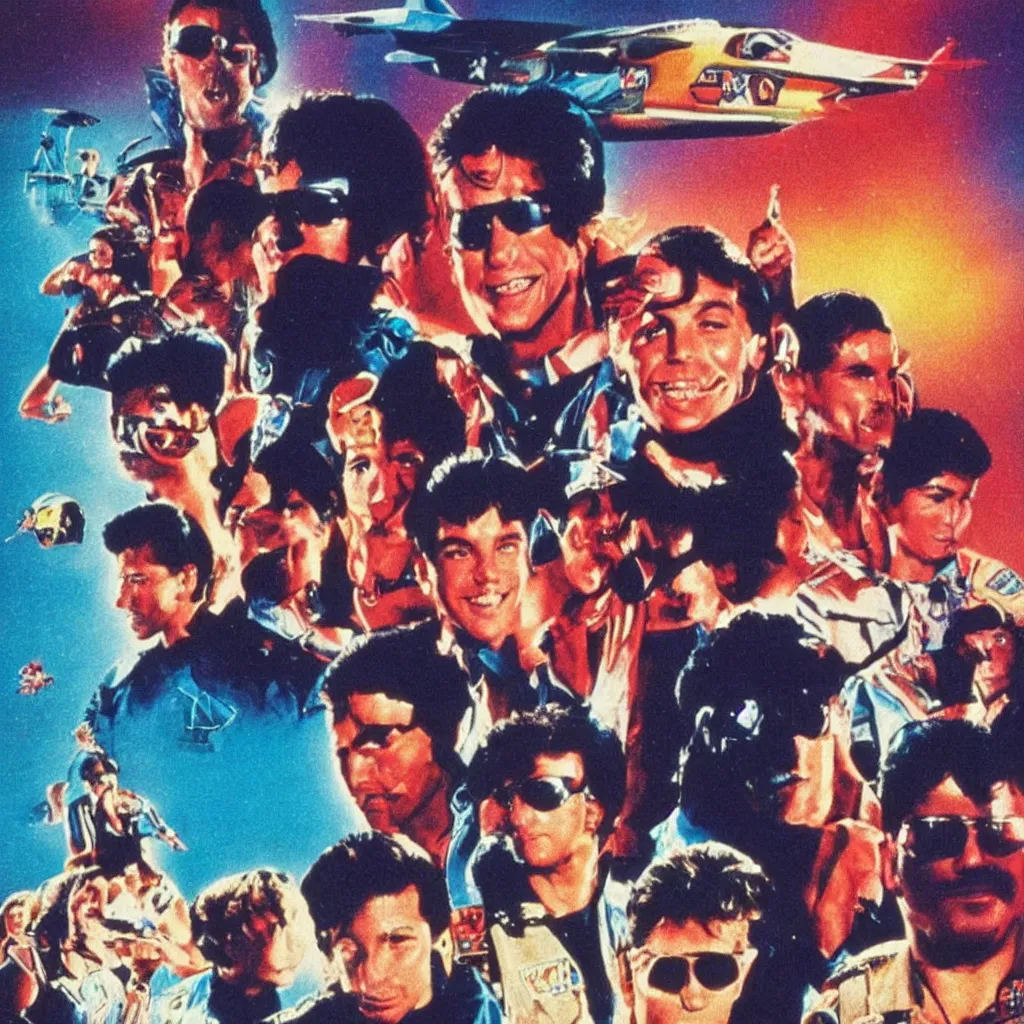 Image similar to 80s album cover, top gun, rocky, ET, goonies, retrowave, synthwave