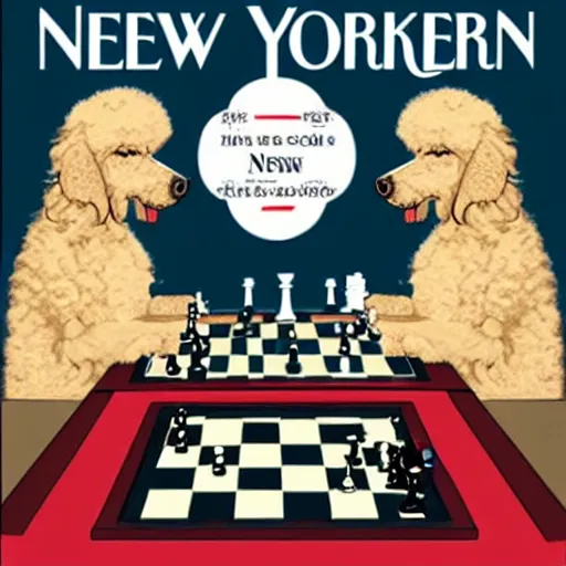 Image similar to two elderly poodles wearing sweater vests playing chess in the style of a New Yorker magazine cover