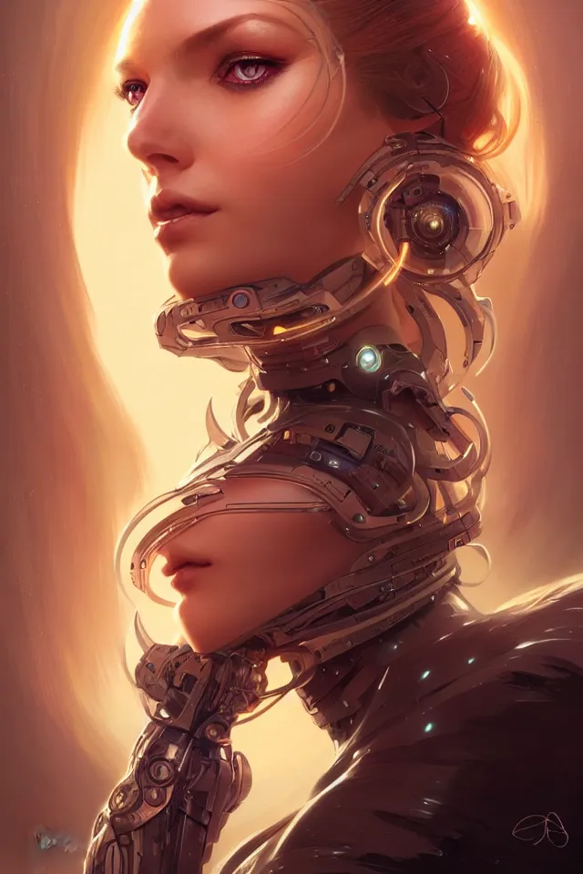 Image similar to futuristic woman portrait, sci-fi, amber eyes, face, long hair, fantasy, intricate, elegant, highly detailed, digital painting, artstation, concept art, smooth, sharp focus, illustration, art by artgerm and greg rutkowski and alphonse mucha