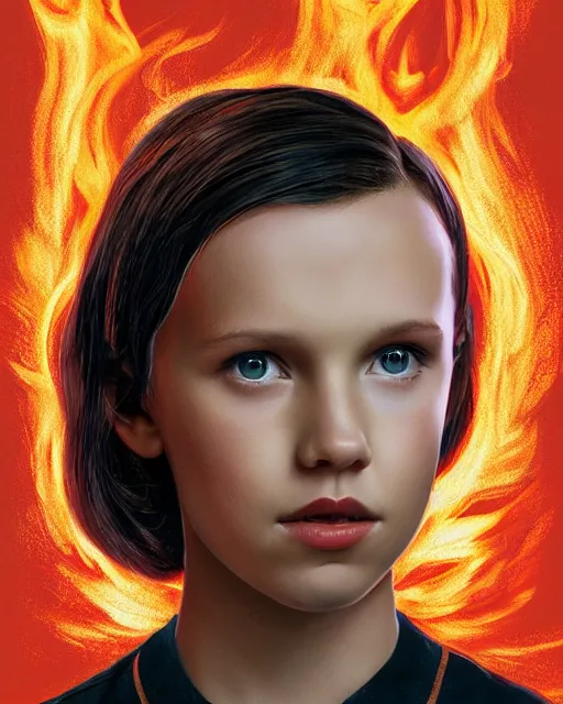 Image similar to Poster Portrait of Millie Bobby Brown with fire eyes, dramatic lighting