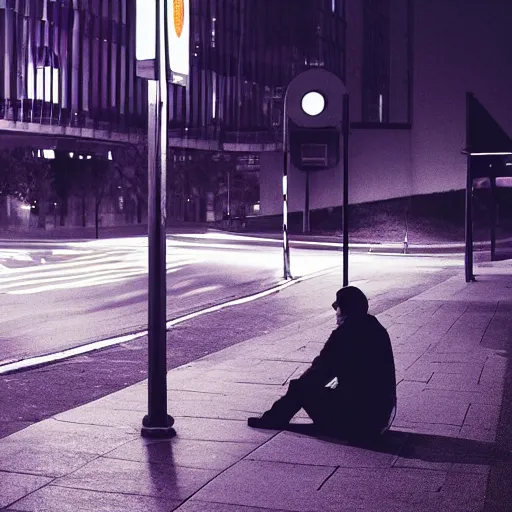Image similar to a some people waiting in a lone bus stop in quiet dark city night at nowhere planet, high quality, high resolution,detailed