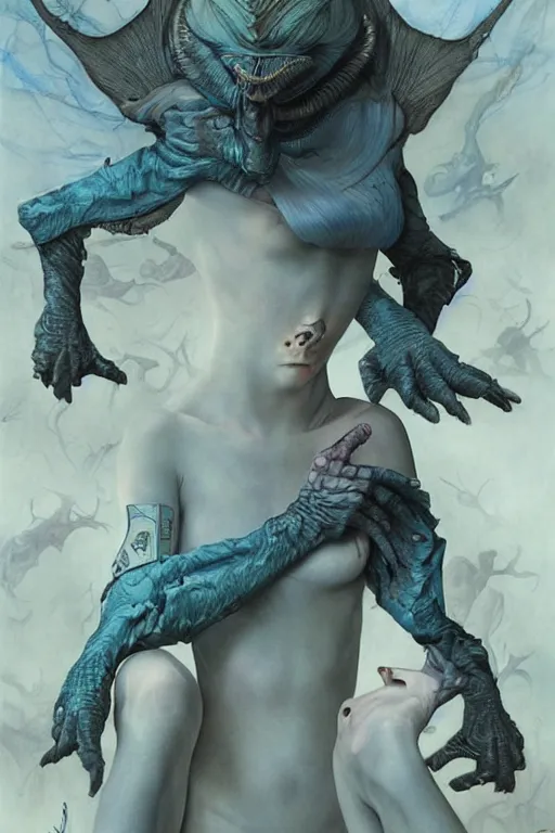 Image similar to a fashion editorial of a shaved blue sphinx alien with scaled skin meditating. she is wearing a tactical suit and has many body modifications. by tom bagshaw, donato giancola, hans holbein, walton ford, gaston bussiere, brian froud, peter mohrbacher and magali villeneuve. 8 k, hyperrealism, fashion editorial, cgsociety