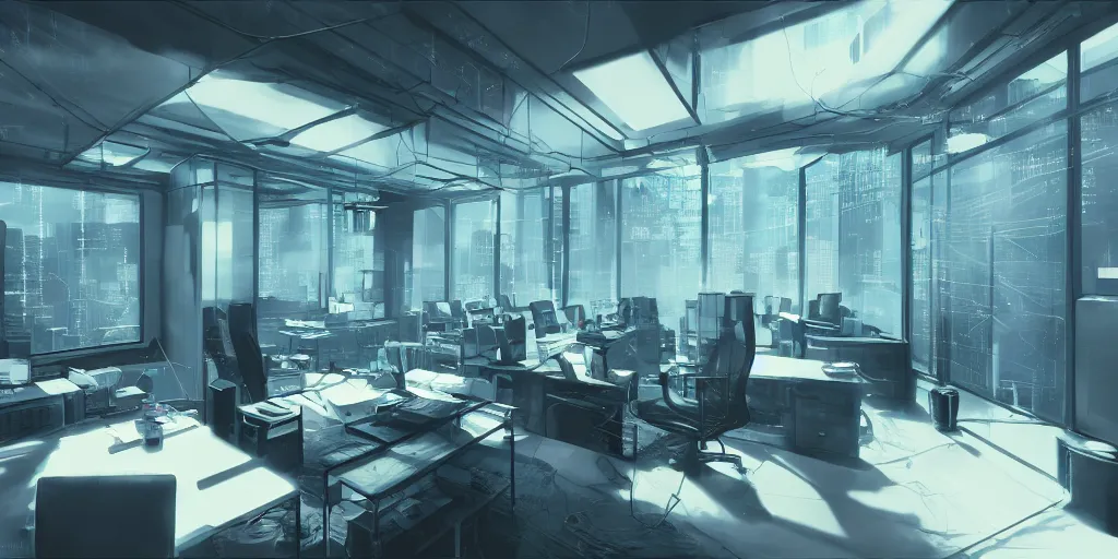 Image similar to interior shot of office cinematic shot with windows cyberpunk, hyper detailed, artstation, 8k