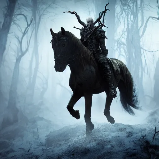 Image similar to the wild hunt, spectres of the night, otherworldly wraiths, bad omens, riding, blizzard chaotic storm, enchanted forest, fog, snow, ice, dreamy, witcher 3, cinematic, breathtaking, vfx, physically based rendering, unreal 5, cgi, concept art, trending in artstation, intricate details, dark fantasy