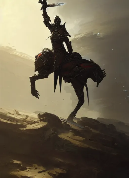 Prompt: epic war commander with futuristic helmet holding two gigantic sword and riding a standing horse. highly detailed, digital painting, concept art, smooth, sharp focus, illustration, art by greg rutkowski