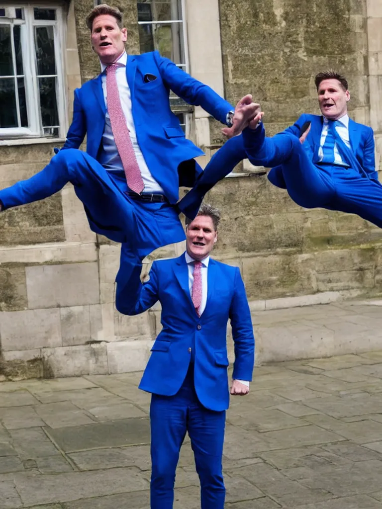 Image similar to Sir Kier Starmer wearing a blue suit jumping on top of a toyota yaris