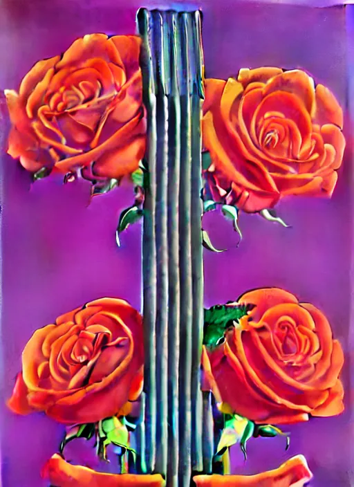 Prompt: roses sticking out of a riffle by shusei nagaoka, kaws, david rudnick, airbrush on canvas, pastell colours, cell shaded, 8 k