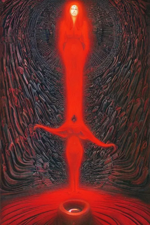 Image similar to mysterious occult woman, shrouded in black and red, hovering over the ground in front of a portal opening up into the depth of a new realm, epic surrealism 8k oil painting, high definition, post modernist layering, by Ernst Fuchs, John Howe