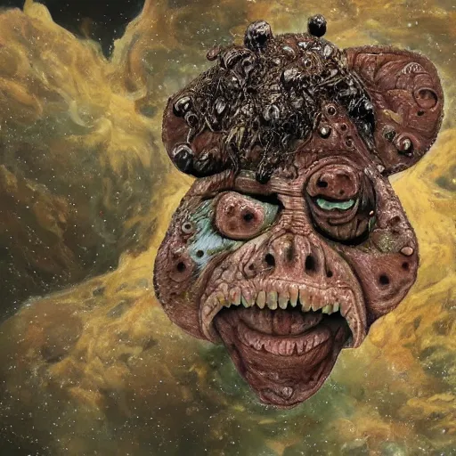 Image similar to measles on a deformed hideous pustule covered monkey, sores, bumps, skin wounds, surface hives, growths, horror, fantasy, highly detailed, by Dan Hillier, ooze, slime, in background nebula of bacteriophages