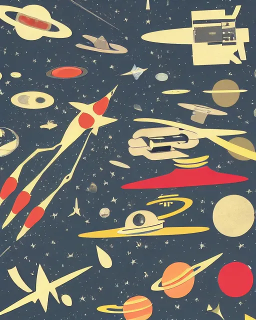 Prompt: A collage of Space Travel, mid-century modern, made of random shapes cut from magazines