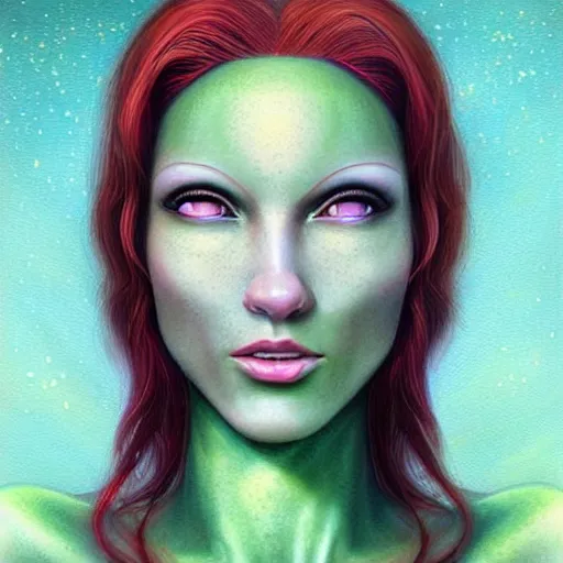 Prompt: Redhead Pleiadian alien human beautiful hybrid feminine woman, green skin, long gorgeous red hair in loose curls, with stunning green eyes, cute round face and a roundish nose, as a retrofuturistic heroine, face and body, gorgeous psychedelic digital painting, artstation, concept art, smooth, sharp focus, illustration, art by artgerm and donato giancola and Joseph Christian Leyendecker, Ross Tran, WLOP