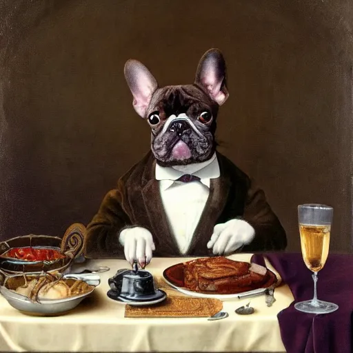 Prompt: Renaissance painting of brindled brown frenchie wearing a monocle and a velvet suit sitting at a feast table