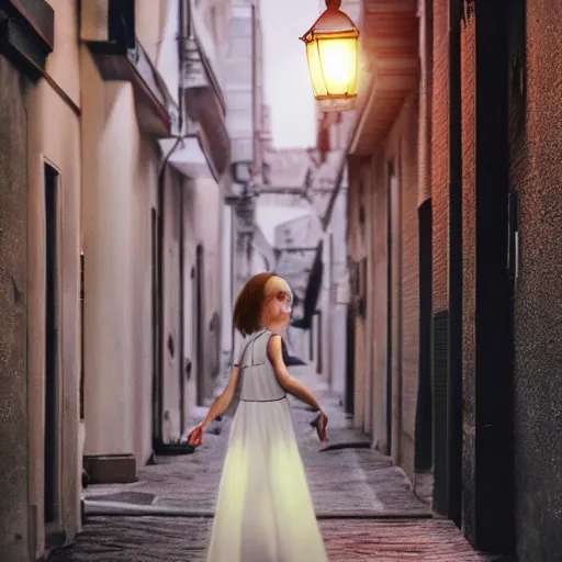 Image similar to a girl in a white dress, holding a lantern, dramatic lighting, walking through a dark alleyway surrounded by tall buildings, 8k, trending on artstation, drawn by wlop