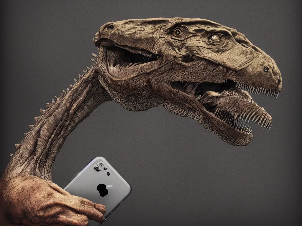 Image similar to tyrannosaurus rex holding an iphone, photorealistic