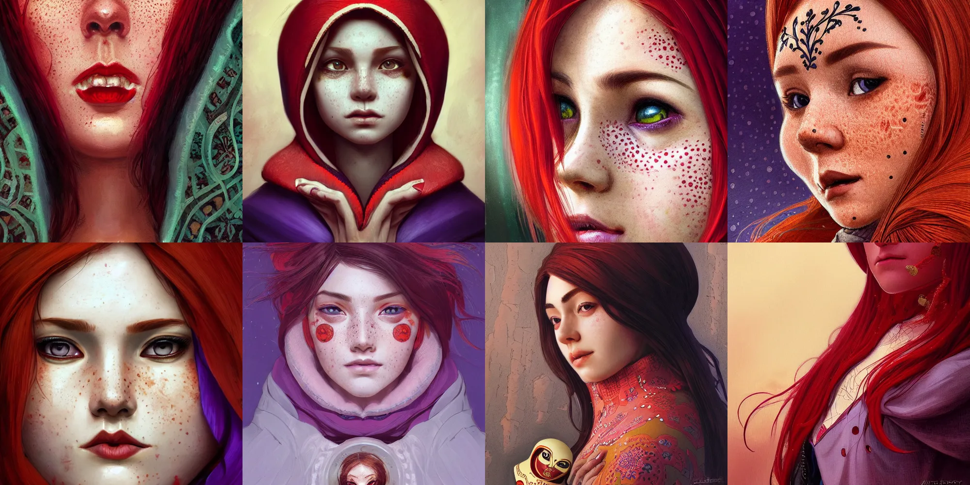 Prompt: close up portrait of a matryoshka with red hair and freckles, intricate, elegant. highly detailed, digital painting, artstation, concept art, smooth, sharp, focus, illustration. background is purple, art by artgerm and greg rutkowski and alphonse mucha,