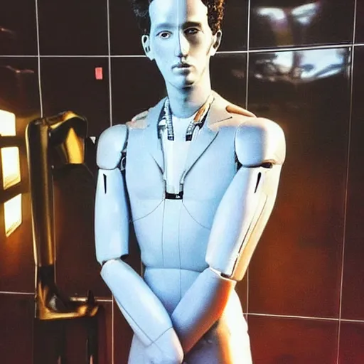 Image similar to “a realistic detailed photo of a guy who is an attractive humanoid who is half robot and half humanoid, who is a male android, singer Sebastian Yatra, shiny skin, posing like a statue, blank stare”