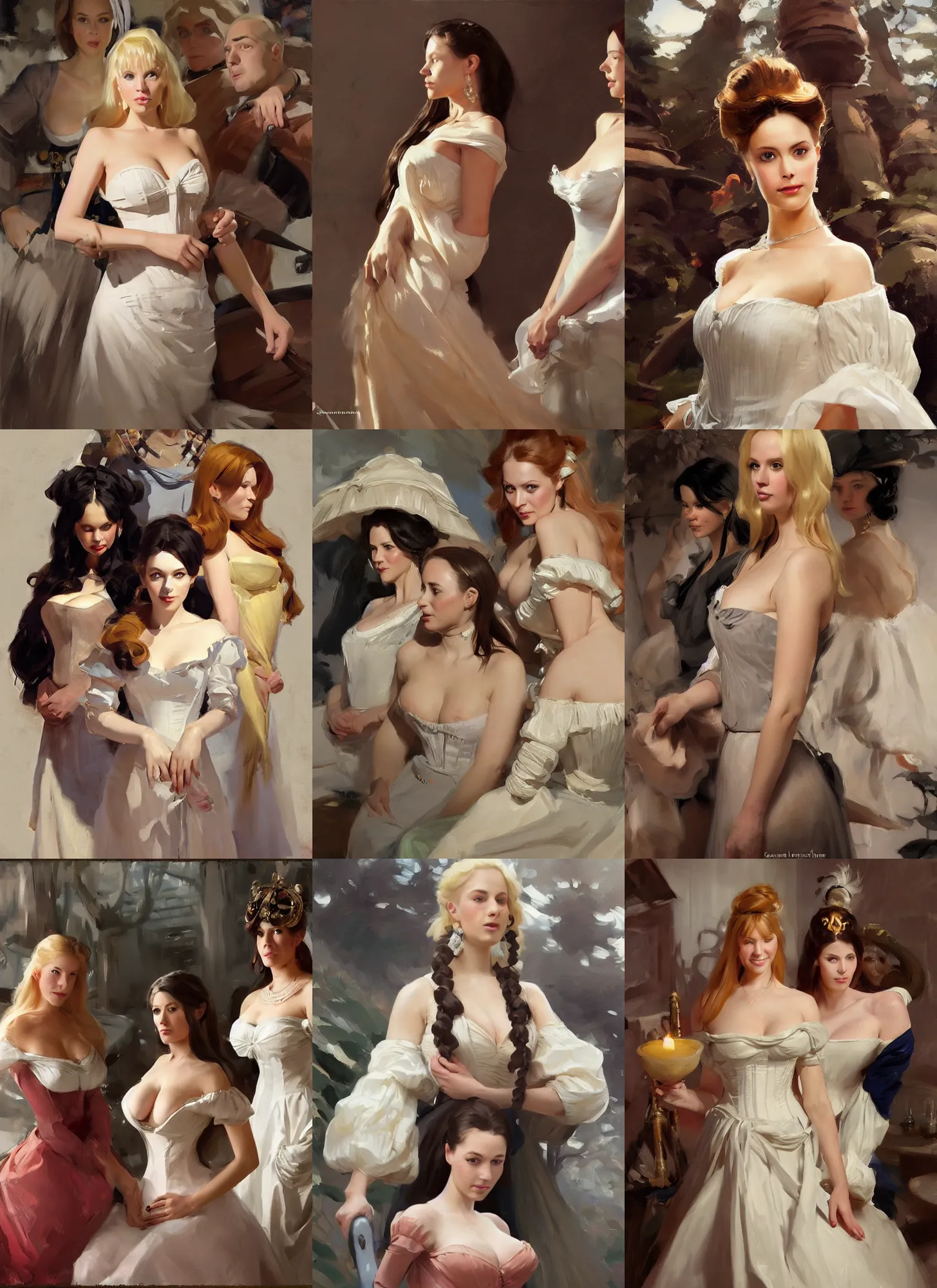 Prompt: portrait of three beautiful finnish norwegian swedish scandinavian attractive glamour models as duchess wearing 1 7 th century french off - the - shoulder neckline bodice with low neckline, jodhpurs greg manchess painting by sargent and leyendecker, studio ghibli fantasy close - up shot asymmetrical intricate elegant matte painting illustration hearthstone, by greg rutkowski by greg tocchini by james gilleard