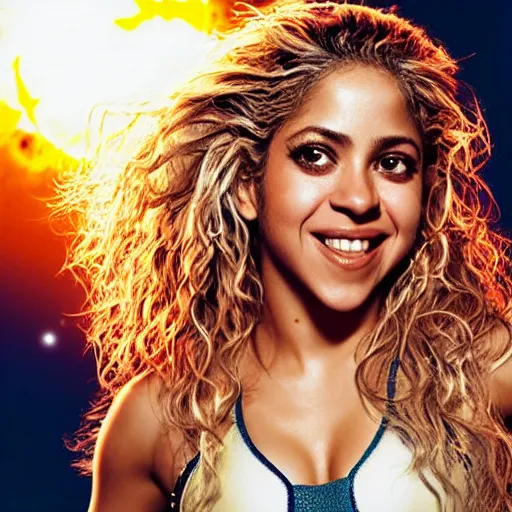 Image similar to of a closeup photo of shakira as a hero sci fi space cosmonaut in a nice action pose, there is an explosion on the background, lighting her with a rim light, she is laughing, f 2. 8, advertising studio lighting,