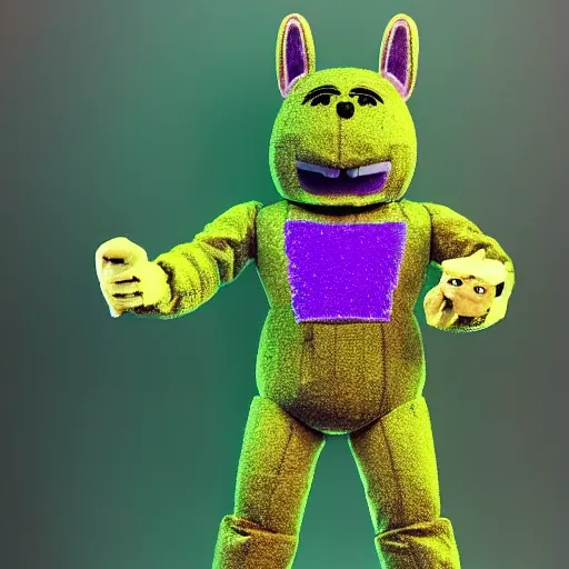 Image similar to a man inside a Spring Bonnie animatronic, starting out as green, glitching code with purple eyes, and slowly becoming more solid