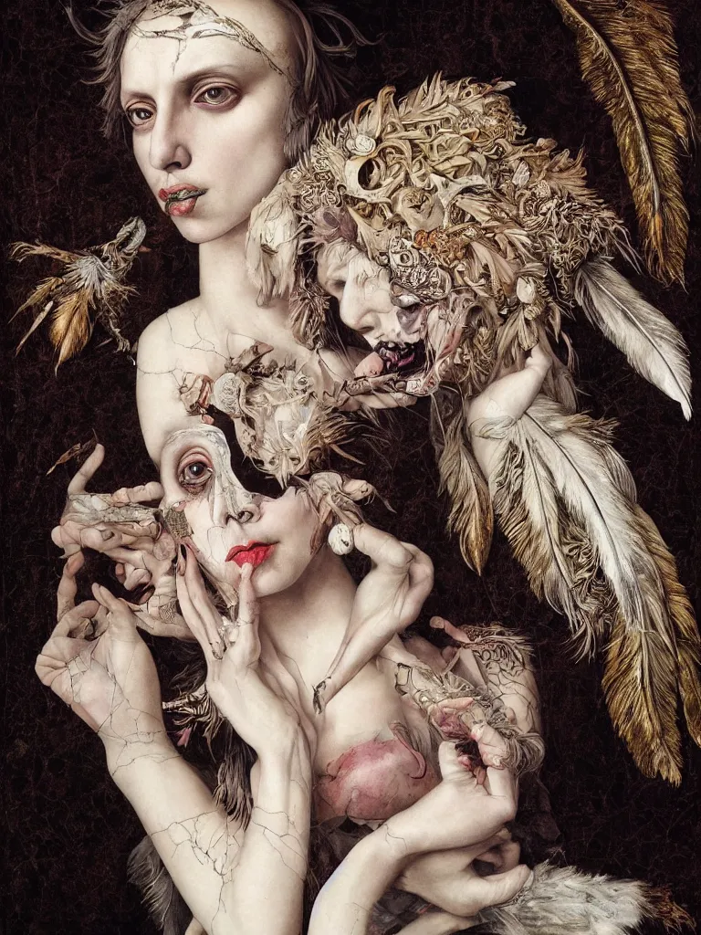 Image similar to Detailed maximalist portrait with cracked porcelain skin, dark doe eyes, a mouth like PJ Harvey, feather and milk, HD mixed media, 3D collage, highly detailed and intricate, surreal illustration in the style of Caravaggio, dark art, baroque