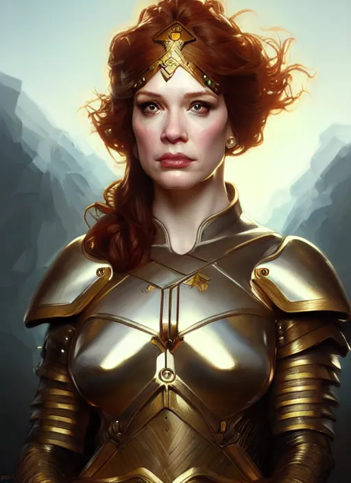 Image similar to valkyrie christina hendricks, beautiful face, highly detailed face!!!, anatomical armour, true anatomy!, extremely detailed!, digital painting, unreal engine 5, art by artgerm and greg rutkowski and alphonse mucha