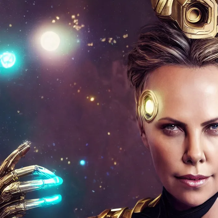 Image similar to portrait of ((Charlize Theron)), wearing The Infinity GAUNTLET. infinity gauntlet. intricate artwork. octane render, trending on artstation, very coherent symmetrical artwork. avengers. thanos. infinity war. cinematic, hyper realism, high detail, octane render, 8k, iridescent accents