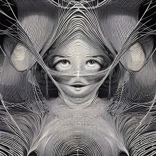 Image similar to beautiful portrait of intelligence, spatial space deformation in latent space, math art, digital circuits, wires, astral plane, by artgerm and dan mumford and gustave dore, ambient occlusion